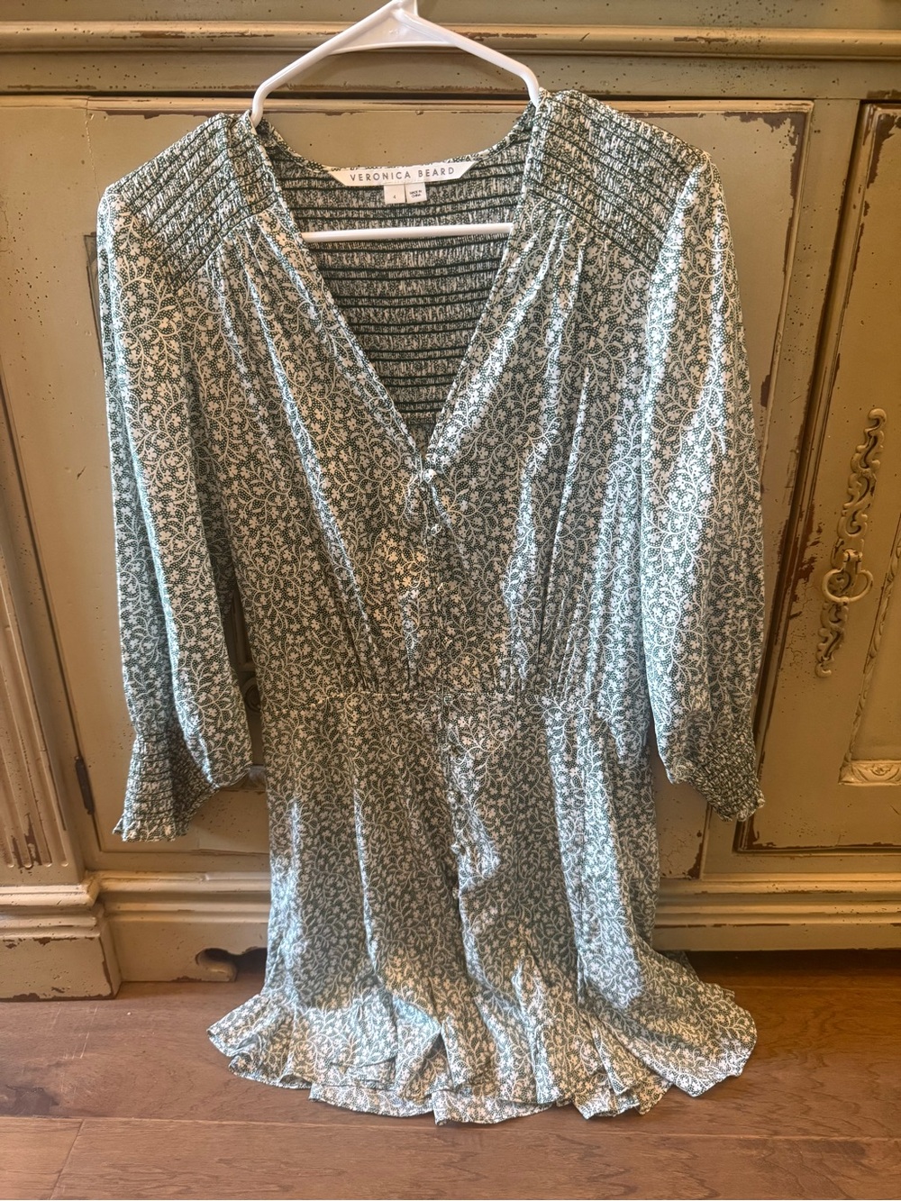 Veronica Beard Light Green Floral V-Neck Mini Dress - Picture 2 of 5